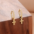 Gold beaded cross hoop earrings for women with textured metal finish on wooden base - Gold Cross Style (Y26411)