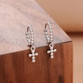 Minimalist stainless steel cross hoop earrings with textured bead design for women - Silver Cross Style (Y26411)