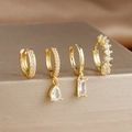 Set of four gold hoop earrings with zircon pendants in rectangular and pear shapes - 4-Piece Set / White