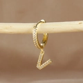 Gold plated letter V pendant earring with micro pavé cubic zirconia inlay stones - 1 Piece / Gold - Letter V