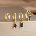 Elegant gold-plated earring set with blue and clear rectangular zircon pendants - 4-Piece Set / Dark Blue