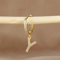 Gold plated huggie hoop earring with crystal pavé letter Y charm on a wooden branch - 1 Piece / Gold - Letter Y