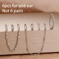 Silver stainless steel 6pcs ear cuff and hoop set with zirconia and chain details - Silver White Style (Y26977)