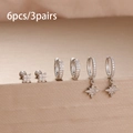 6pcs luxury silver stainless steel earring set with star studs and zircon hoops - Silver White Style (Y26991)