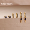 3-pair gold earrings set with blue cubic zirconia studs, hoops, and pear pendants - Gold Dark Blue Style (Y26995)