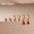 Luxury gold stainless steel earring set with pink zircons and red teardrop charms - Gold Rose Red Style (Y27009)