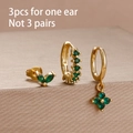 Golden flower earring set with green marquise emerald zircon and clover charms - Marquise Leaf Design (E1621) / Gold Green