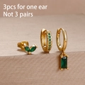 Set of 3 gold finish earrings featuring emerald green gemstones and leaf designs - Double Leaf Vintage Style (E1628) / Gold Green
