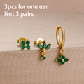 Golden 3-piece floral earring set with green crystals and clover leaf charms - Leaf Cluster Embellished Style (E1632) / Gold Green