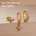 Set of 3 gold butterfly and purple stone earrings including hoop and stud piercings - Purple Flower Set (E1621)