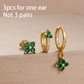 3-piece gold flower earring set with clover stud and green stone hoop for women - White and Green Floral Cluster Design (E1695) / Gold Green