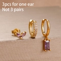 Three-piece gold stud earring set with butterfly and purple zircon crystal charms - Purple Rectangle Pendant Set (E1628)