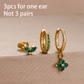 3-piece gold floral earring set with green gems and a clover charm detail - Leaf Ear Cuff Collection (Y25038) / Gold Green
