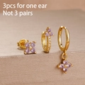 3pcs gold cartilage earring set with purple zircons and floral studs for one ear - Purple Four-Leaf Flower Set (E1695)