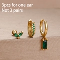 Three-piece set of gold-plated green zircon floral earrings and ear cuffs for women - Vintage Forest Leaf Style (Y26009) / Gold Green