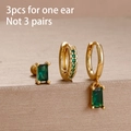 3-piece gold-plated flower earring set with green crystals and sparkling cubic zirconia - Rectangular Gemstone Earring Set (Y26015) / Gold Green
