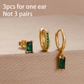 Golden 3-piece earring set featuring green emerald-cut crystals on a textured stand - Prong-Set Emerald Style (Y26021) / Gold Green