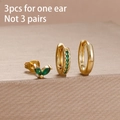 Set of 3 gold flower earrings with green stones and polished hoops for a stylish ear look - Modern Minimalist Ear Cuff (Y26022) / Gold Green