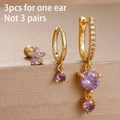 3-piece gold and purple zirconia piercing earring set featuring flower and drop designs - Purple Dangle Gemstone Set (Y26037)