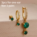 Golden flower earrings 3-piece set with green emerald charms for a single ear - Emerald Pendant Combination (Y26038) / Gold Green