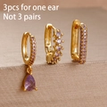 Three-piece gold-plated piercing earring set with purple zircon and cubic zirconia - Purple Teardrop Pendant Set (Y26044)