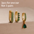 Set of 3 gold flower earrings with green zircon stones including drop and hoop styles - Teardrop Zirconia Collection (Y26044) / Gold Green