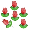 Red and green tulip flower glass beads with shimmer for DIY jewelry making - 10 Sets/Pack (Flower 4x10x8.5mm, Leaf 4x6.5x14mm) / Long Tulip Red