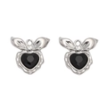 Y2K sweet heart pendant with black gemstone and silver bow for DIY jewelry making - Peach Silver Black Rhinestone