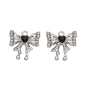 Y2K silver bow pendant with black heart center and sparkling rhinestones for jewelry making - Bow Silver Black Rhinestone
