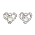 Y2K heart stud earrings featuring liquid metal texture and iridescent moonstone inlay - Heart Round Silver White Rhinestone