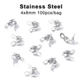 Silver stainless steel wire clips and fold-over crimp beads for jewelry making - 4x8mm Double Loop Calottes (100 Pieces/Pack)