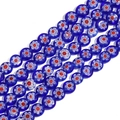 Flat round Millefiori glass beads in dark blue with red floral pattern for DIY jewelry - 6mm (Approx. 65 Pieces) / Sapphire Blue