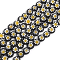 Flat round black millefiori glass beads with yellow floral patterns for DIY jewelry - 8mm (Approx. 45 Pieces) / Black