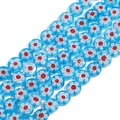 Light blue Millefiori flat glass beads with white and red floral patterns for jewelry DIY - 8mm (Approx. 45 Pieces) / Blue