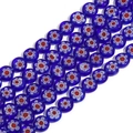 Flat round blue millefiori glass beads with floral pattern for DIY jewelry making - 8mm (Approx. 45 Pieces) / Sapphire Blue