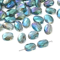 Faceted flat oval glass beads with iridescent blue-purple AB coating for DIY jewelry - 10 Pieces Pack / Transparent Green