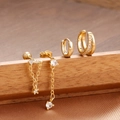 Elegant gold brass earring set with sparkling zircon pendants for a stylish minimalist look - Zircon Chain Pendant Hoop Earrings And Ear Bone Clip (Y27139)