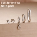 5-piece silver stainless steel earring set with clear zircon studs and hoop charms - Silver (Y26868)