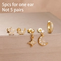 5pcs set of gold plated star and moon stud earrings with white cubic zirconia stones - Gold Star Moon (Y27114)