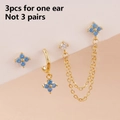 3-piece gold stainless steel earring set with blue zircon floral charms and chain studs - Gold Blue (Y26681)