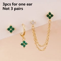 Gold-plated 3-piece ear set featuring green clover studs and elegant chain fringe - Gold Green (Y26681)