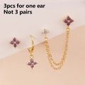 3-piece gold earring set featuring purple flower studs and dangles with zircon accents - Gold Purple (Y26681)