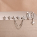 Silbernes Piercing-Set mit Stern- und Blitzsteckern, Kettenohrringen und Zirkonia - Silver And White Style (Y27278)