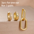 Golden stainless steel 3-piece earring set with zircon hoops and geometric link design - Golden Geometric Double Ring Style (Y27096)