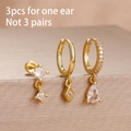 3pcs gold-plated stainless steel earrings set with zircon studs and hanging hoops - Golden Waterdrop Rhombus Style (Y27105)