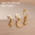 3-piece gold stainless steel celestial earring set with star and moon zircon charms - Golden Starburst Crescent Style (Y27113)