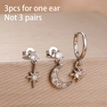 Three-piece silver earrings set for one ear featuring zircon moon and star designs - Silver Starburst Crescent Style (Y27113)