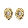 Detailed close-up of retro gold earrings with marble stones and crystal rhinestones - White