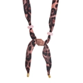 Detail of leopard print silk scarf necklace with decorative pink and brown geometric beads - Pink