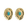 Vintage gold textured oval stud earrings with turquoise stones and rhinestone border - Turquoise